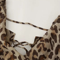 Leopard Lace up Midi Dress for Women Summer Sexy Slim Chiffon Short Dress Three Color Options Split Sleeves Casual Dresses