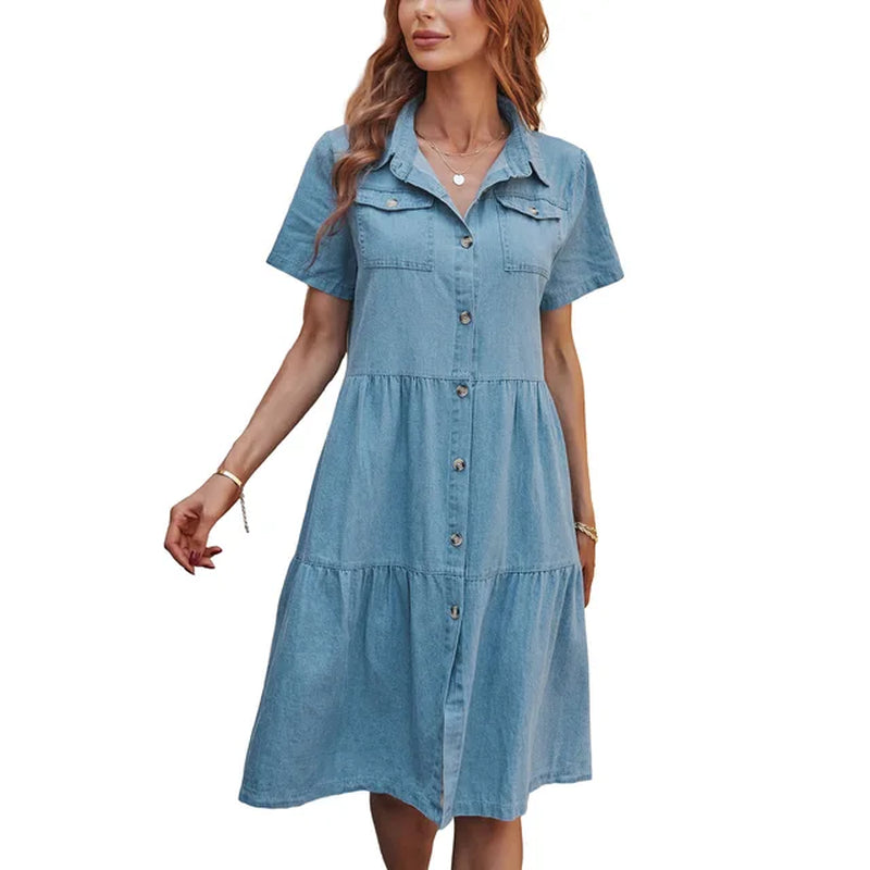 2023 Solid Denim Dress Pleated Blue Short Sleeve Button Pocket Shirt Dress