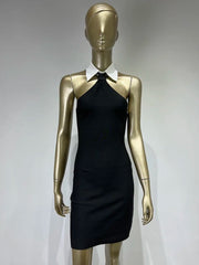 Fashion Sexy Backless Splice Collar Black Bodycon Short Mini Bandage Dress Women Elegant Luxury Birthday Evening Cocktail Party