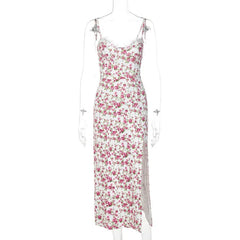 Women'S Retro Floral Printed Dress Female Split Strap Beach Midi Long Dress Holiday Clothing Dress Spring Summer New Fashion