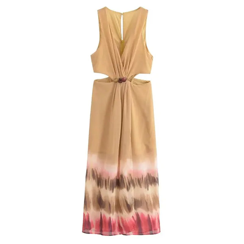 Women 2024 Spring and Summer New Fashion Open Design Tie-Dye Midi Dress Chic V-Neck Slim Sleeveless Long Dress Vestidos Mujer