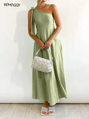 Elegant Women Party A-Line Dresses for Summer New Sexy One Shoulder Lace-Up Elastic Dress Women High Waist Solid Midi Dress