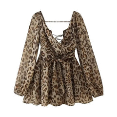 Leopard Lace up Midi Dress for Women Summer Sexy Slim Chiffon Short Dress Three Color Options Split Sleeves Casual Dresses