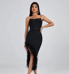 Luxury Black Feathers Strapless Bandage Dress Eveing Midi Backless Split Sexy Dress Bodycon Celebrity Party Vestidos