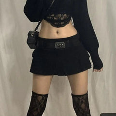 Women Gothic Sexy Low Waist Pleated Micro Denim Skirt Solid Color A-Line Flare Hem Slim Streetwear with Pockets Gypsy Skirts
