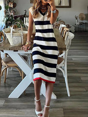 Casual Women V Neck Streetwear Sleeeveless Dress Patchwork Print Summer New Female Midi Dress Party Club Slim Fit Striped Dress
