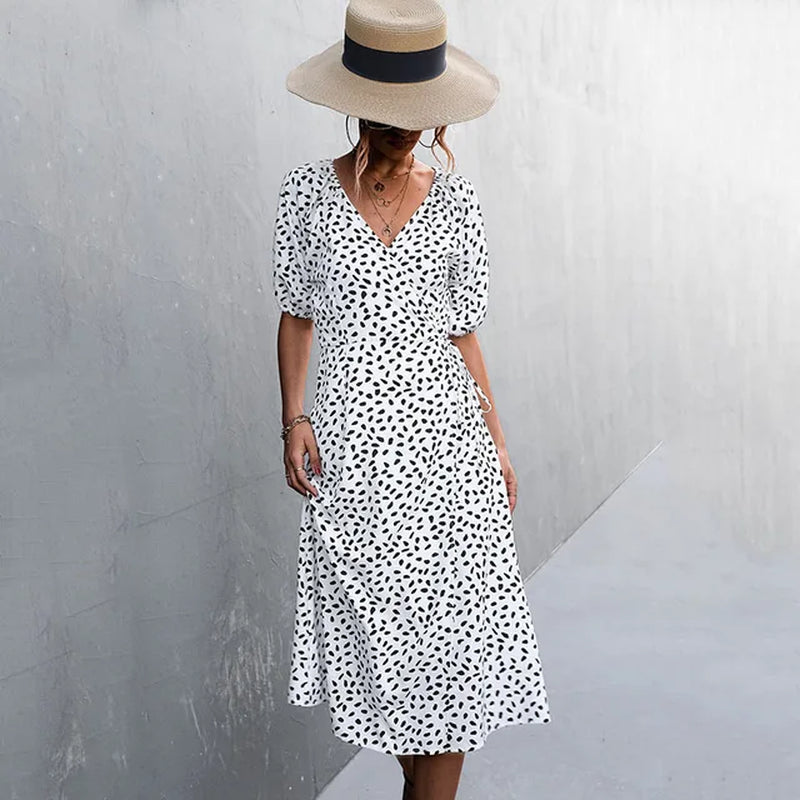 Casual Women Chiffon Dress V Neck Side Wrap Midi Dress Summer Polka Dot Dress Female Puff Sleeve Boho Fashion A-Line Split Dress
