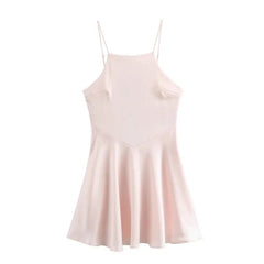 Short Satin Short Dress Women Summer Backless Adjustable Thin Straps Flared Hem Casual Young Sweet Style Slim Mini Dresses