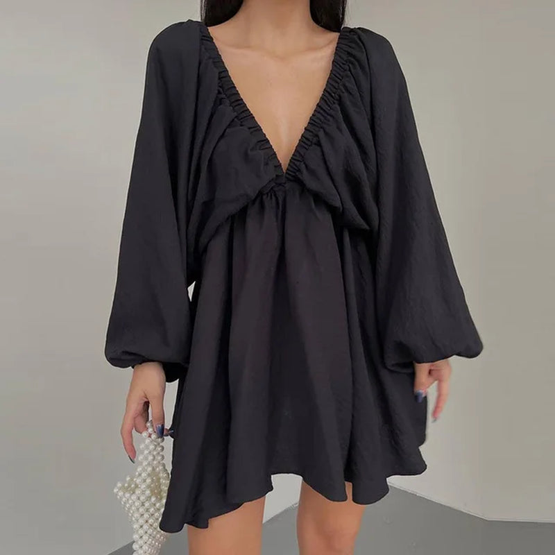 Women V Neck Vintage Mini Dress Lantern Sleeve Spring Summer Patchwork Office Dress Elegant Female Loose Hollow Dress Vestidos