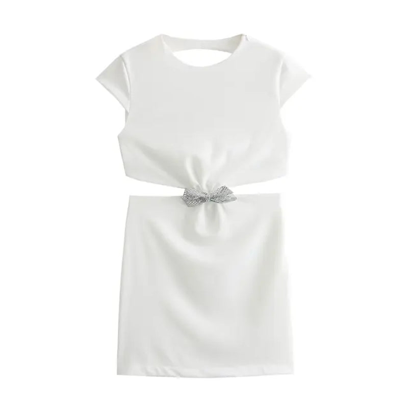 Treasure Bow Backless Short Midi Dress for Women Summer New Sexy Hollow Out Sleeveless Solid Color Slim Causal Party Dress