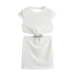 Treasure Bow Backless Short Midi Dress for Women Summer New Sexy Hollow Out Sleeveless Solid Color Slim Causal Party Dress