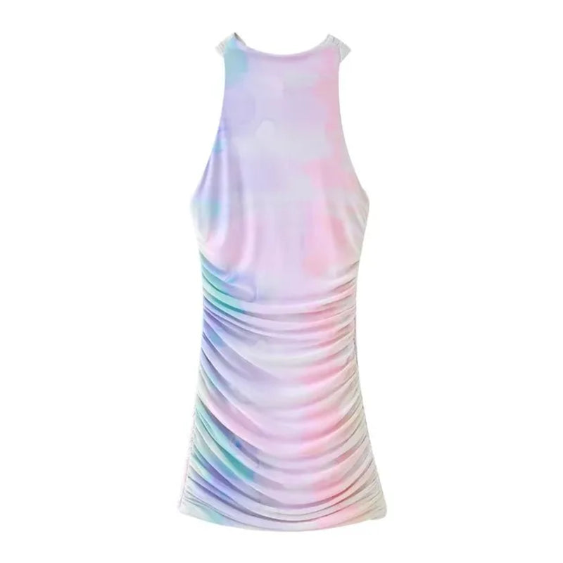 Printed Silk Mesh Short Dress for Women Summer with Slim Tie Dye Sleeveless Side Zipper Casual Sheath Pleated Midi Dress