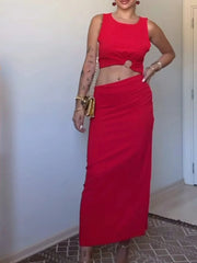 Women Party Red Hollow Out Sleeveless Midi Dress New Fashion Open Design Loose Buckle Midi Dress Lady Sexy Split Dress Elegant