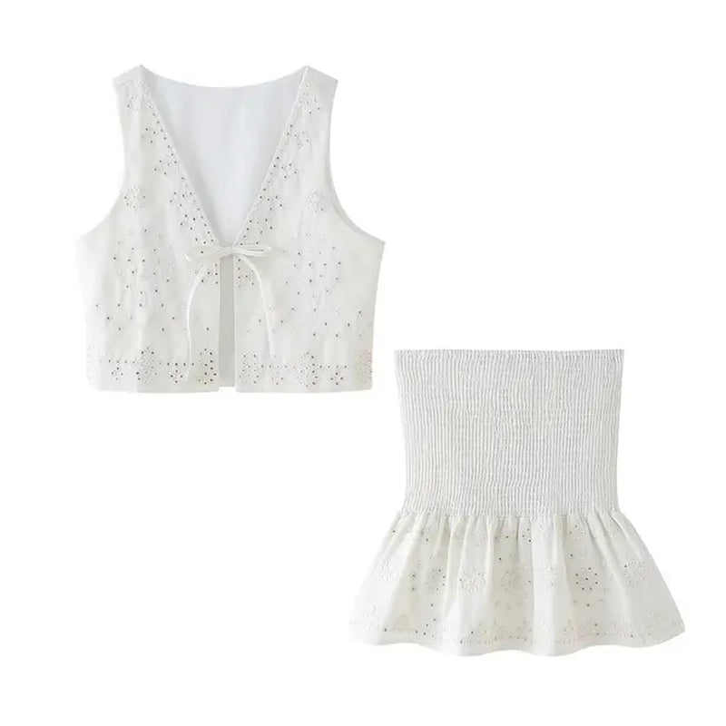 Fashion Sequin Embroidered Slim Vest Two Piece Set Women V-Neck Lace up Top Sexy High Waisted Pleated Skirt Summer Streetwear