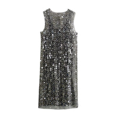 Women'S Sleeveless Knee Skirt, Vest Bead Midi Dress, Chic round Neck, New Fashion, Spring and Summer, 2-Piece Set, 2024