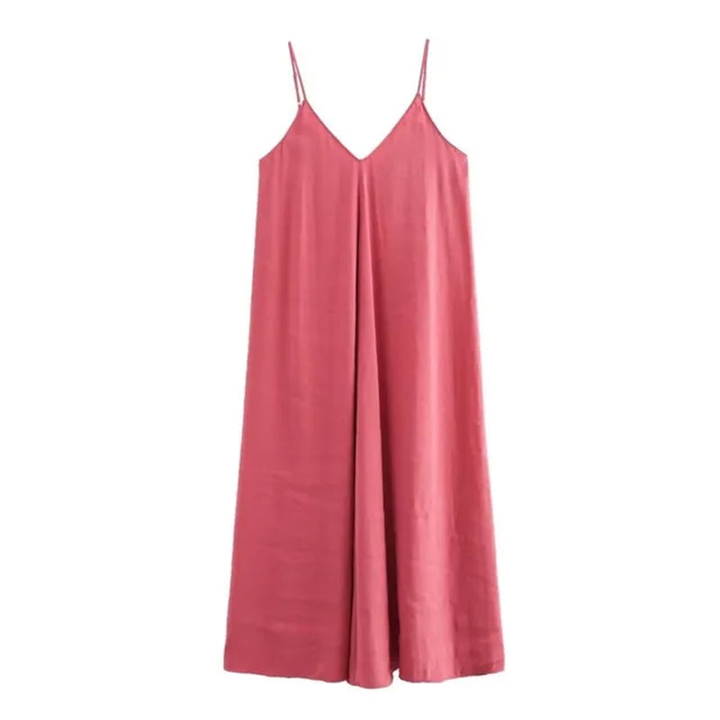 Flowing Voluminous Dress Women Summer Fine Camisole Midi Dress with Adjustable Straps V-Neck Sexy Sleeveless Long Dress