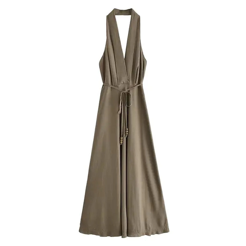 Hanging Neck Style Midi Dress for Women New Spring Summer Slim Fit Sleeveless with Lace up Backless Design Sexy Long Dress