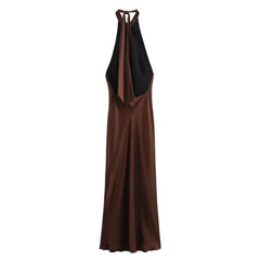 Backless Midi Dress Women Summer with Hanging Neck Style Silk Texture Sleeveless Party Sexy Brown Long Dresses