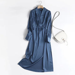 2024 Autumn Fashion Women Elegant Satin Dress Long Sleeve Office Ladies Midi Dress with Slash