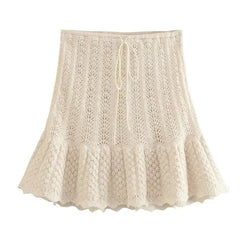 Boho Beach Crochet Knit Lace Dress Sets for Women Vintage Casual Sleeveless O-Neck Tops Ruffles Mini Skirts Suit Dresses