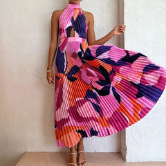 Women Chic Backless Patchwork Long Dress Female Sleeveless Casual Loose Print Dress Lacing up Halter Slim Party Dress Vestidos