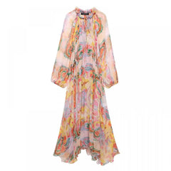 Retro Boho Style O Neck Elegant Long Sleeves Printed Drawstring Loose Midi Dress Summer Long Sleeve Midi Dresses for Women
