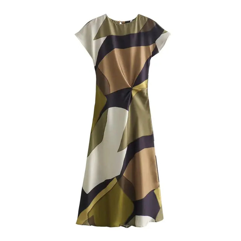 Printed Midi Dress for Women Spring Summer 2024 New Waist Knot Decoration Slim Fit Short Sleeved Dress