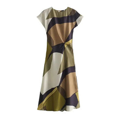 Printed Midi Dress for Women Spring Summer 2024 New Waist Knot Decoration Slim Fit Short Sleeved Dress