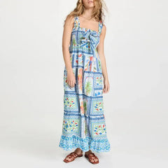Women'S Long Tank Dress Vintage Tropical Print Shirred Square Neck Sleeveless Tiered Ruffled A-Line Dress for Party Club