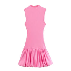 Balloon Shaped Threaded Long Dress Women Spring Summer Patchwork Midi Dresses Backless Elastic Slim Casual Party Dress