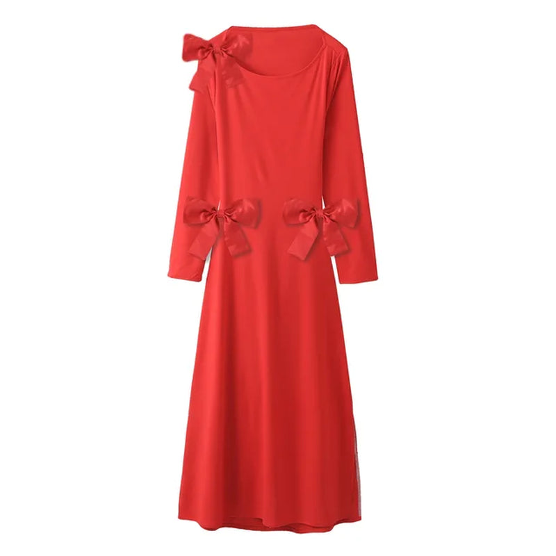 Womens Red Party Dresses Autumn Winter Midi Bow Dress O-Neck Long Sleeves Backless Dresses Women Elegant Luxury Christmas Dress
