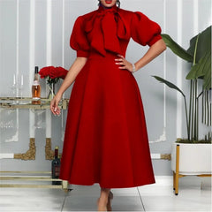 50S 60S Bow Tie Neck Vintage African Dresses for Women Vintage Puff Short Sleeve a Line Swing Casual Party Long Evening Dresses