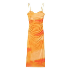 Tie Die Pleated Print Midi Dresses for Women Summer Slim Spaghetti Strap Silk Mesh Long Dresses Sexy Party Dresses