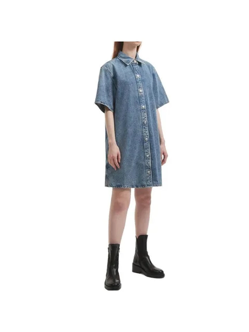 2024 RAG High Quality Women Straight Mini Denim Dress Turn-Down Collar Single Breasted Female Short Sleeve Robe with Pockets