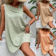 Casual Loose Mini Dress Women Summer Sleeveless Vintage Beach Dress Female Fashion White Green Short Dresses Vestidos