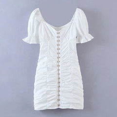Vintage Short Puff Sleeve Sheath Mini Dress for Women White Cotton Sexy V Neck Summer Dresses Bodycon Ladies Party Robe