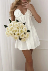 Holiday White Beach Dress for Women 2024 Summer New Women Loose Dress Sleeveless Slim V-Neck Convex Flower Poplin Mini Dress