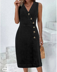Summer V-Neck Women Denim Dress Casual Fashion Sleeveless Single-Breasted Blue Female Simple Long Dress