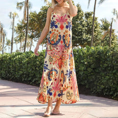 Women Slip Dress Y2K Vintage Sleeveless V-Neck Backless Printed Summer Long Dress Swing Sundress Holiday Beachwear