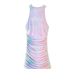 Printed Silk Mesh Short Dress for Women Summer with Slim Tie Dye Sleeveless Side Zipper Casual Sheath Pleated Midi Dress