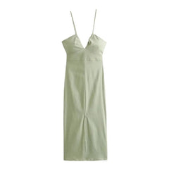 Backless Midi Dresses for Women Solid Color Spaghetti Strap Long Dresses Linen Slim Sexy Front Fork Party Dresses