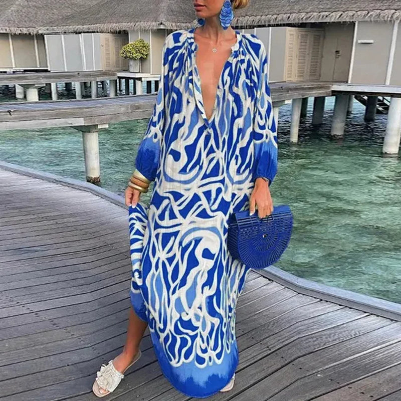 Spring Autumn Long Sleeve Print Bohemian Dress Women Elegant V Neck Patchwork Dress Femme Streetwear Loose Maxi Dress Vestidos