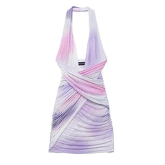 Pleated Printed Short Dresses Women Summer with Silk Mesh Hanging Neck Style Backless Party Dresses Sexy Long Dresses