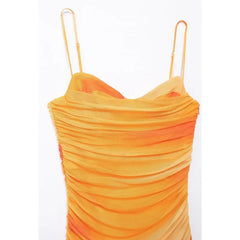 Tie Die Pleated Print Midi Dresses for Women Summer Slim Spaghetti Strap Silk Mesh Long Dresses Sexy Party Dresses