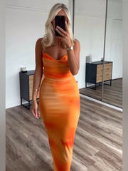 Elegant Print Ruched Fold Tulle Dresses for Women Bodycon Slip Midi Dress Woman Sexy Backless Party Female Dress Summer Women