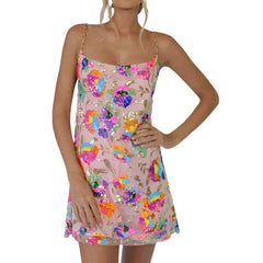 Ladies Sequin Mini Dress Backless Women Spaghetti Chain Strap Dress off Shoulder Slash Neck Sexy Style Clubwear Clothing