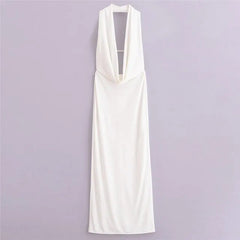 Sagging Fold Long Dress Women Summer with Sexy Backless Hanging Neck Style Dresses Solid Color Slim Midi Dresses