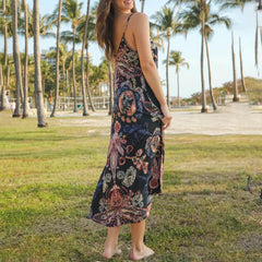 Women Slip Dress Y2K Vintage Sleeveless V-Neck Backless Printed Summer Long Dress Swing Sundress Holiday Beachwear