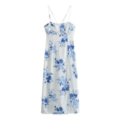 Holiday Blue Floral Print Corset Dress New Summer Sexy Hollow Out Midi Underwear Dress Woman Sleeveless Backless Party Dresses