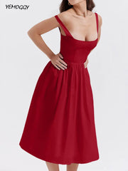Summer Beach Robe Midi Dress Women Fashion U-Neck Strap Sexy Backless Slim Dresses Women Vintage Party Red Dress Elegant